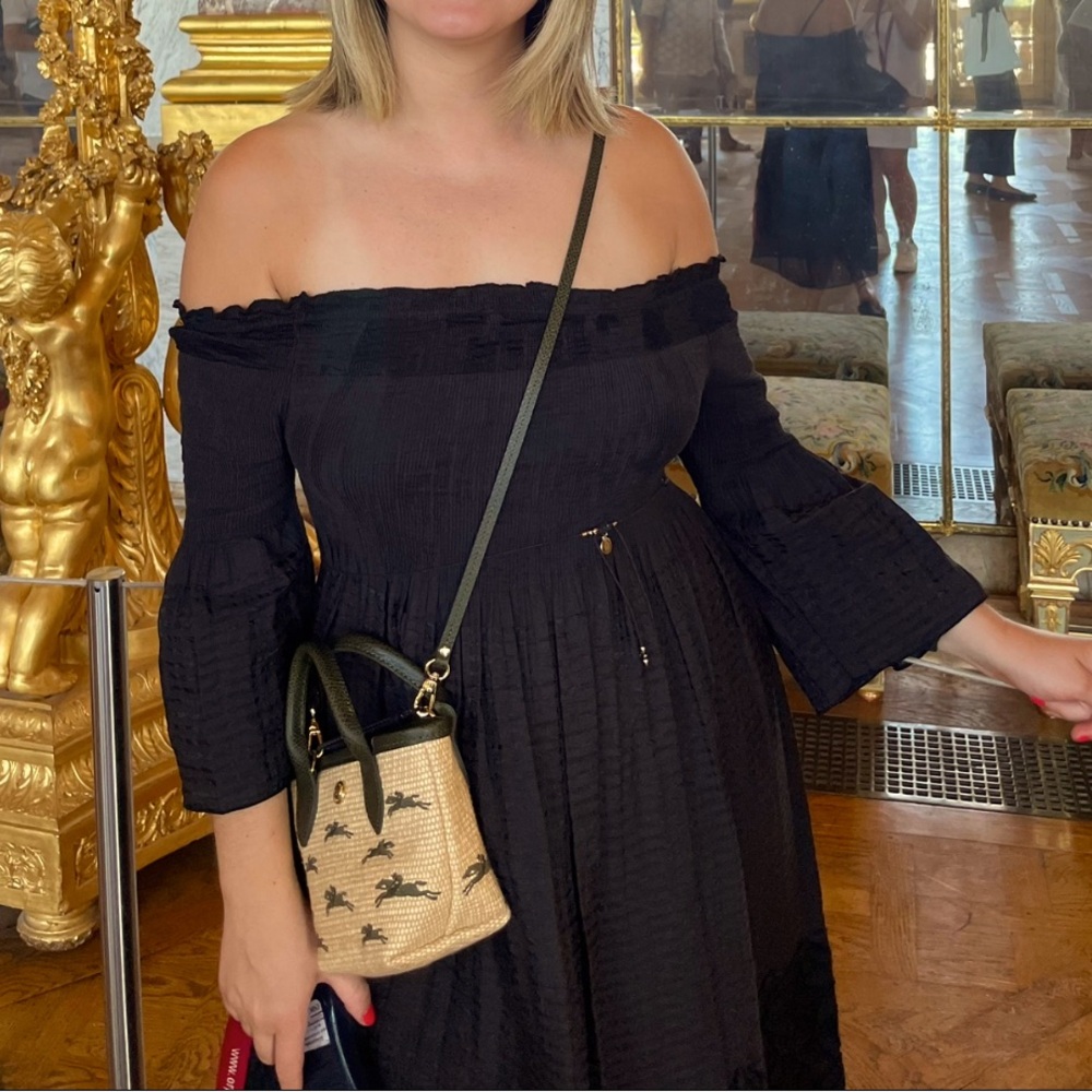 Max Studio London Embroidered Peasant Lace Off Shoulder Black Midi Dress
